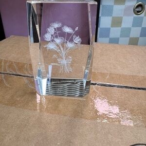 Crystal Glass Block with Etched Flowers